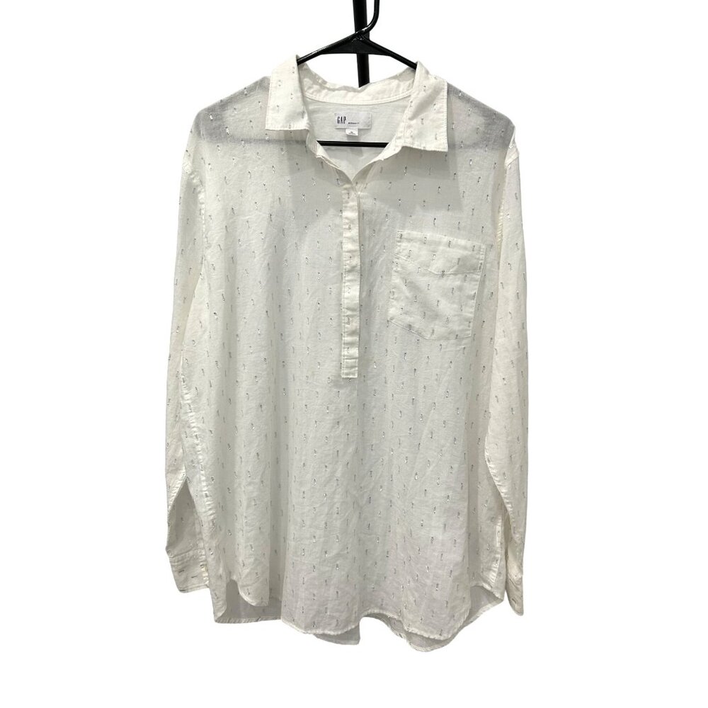 Gap Womens Boyfriend Fit Long Sleeve Shirt XL White Cotton Blend